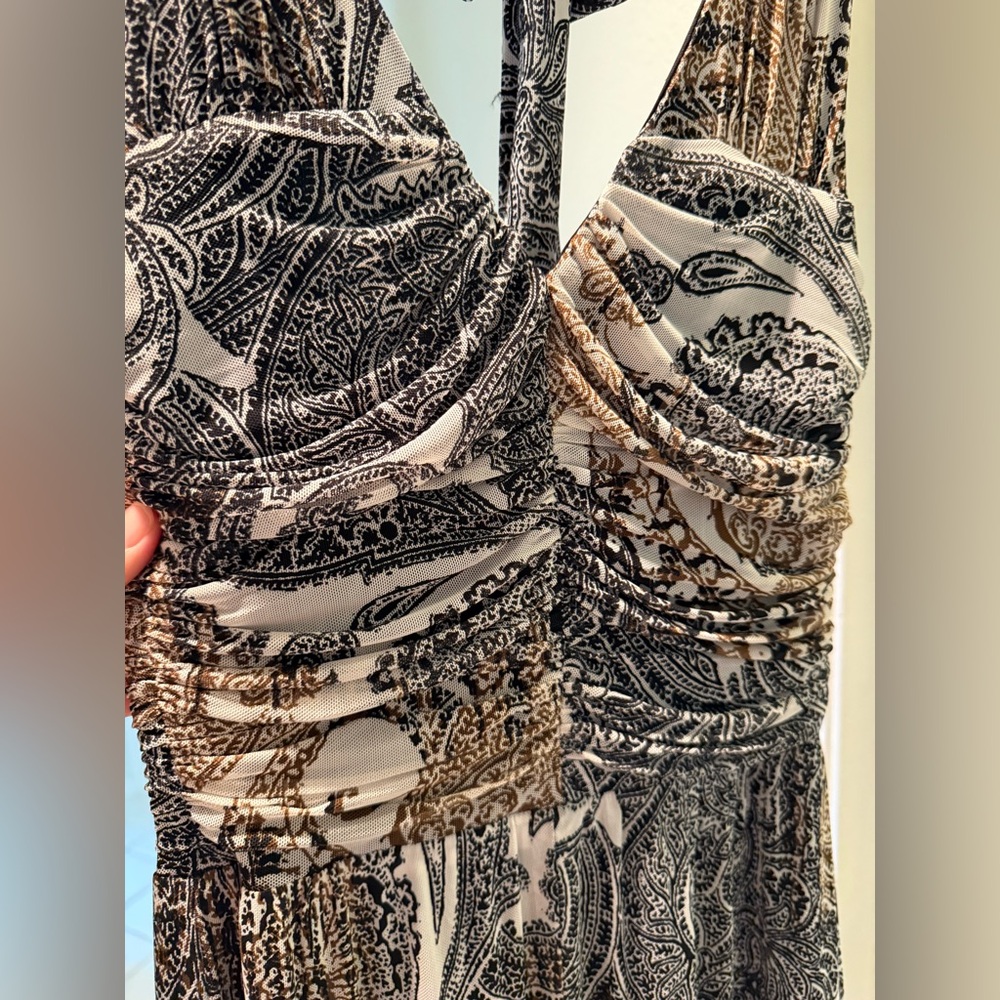 Cache Black, Cream, and Tan Paisley Evening Dress